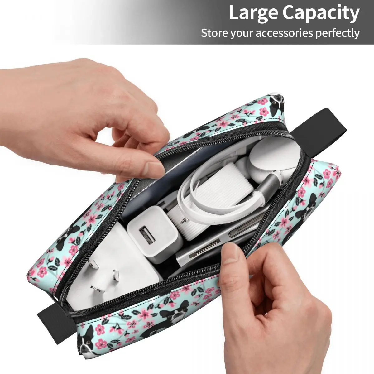 Boston Terrier Cherry Blossom Dog Makeup Bag Women Travel Cosmetic Organizer Cute Breed Pet Art Portrait Storage Toiletry Bags