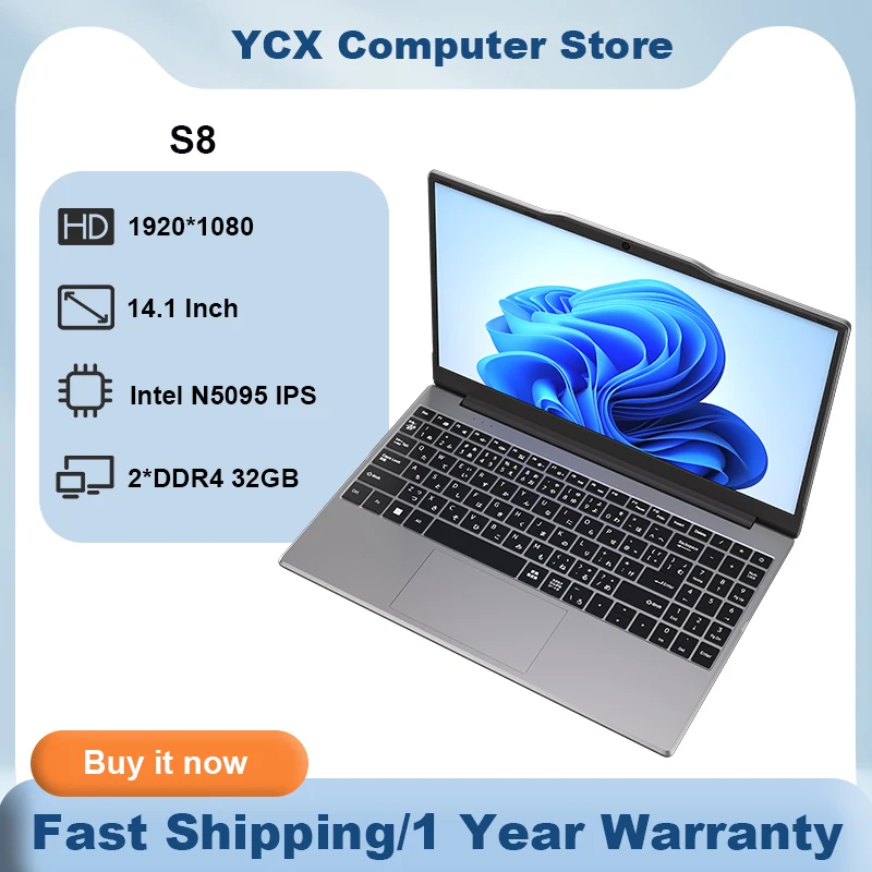 S8 Thin and Light Laptop 14.1‘’ intel N5095 1920*1080 60Hz mini Laptops 5000mah 2*DDR4 32GB M.2 2TB SSD PCIE Portable Computer