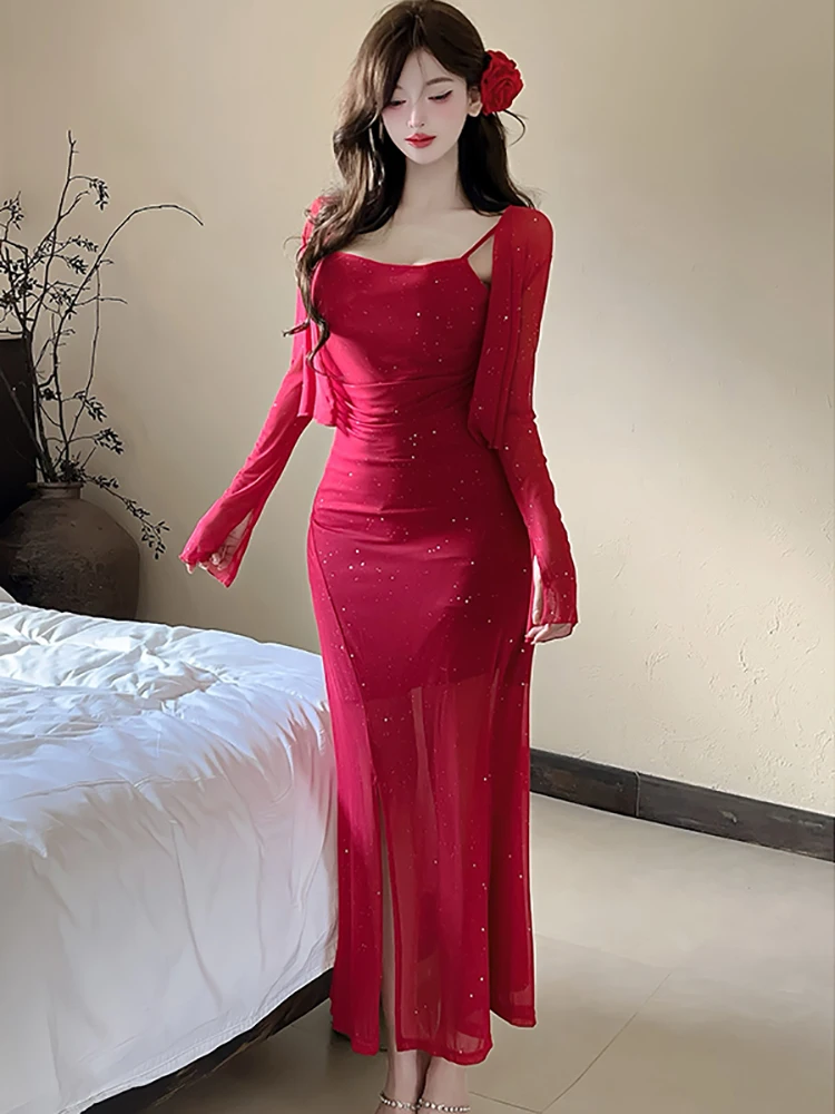 2025 rouge brillant maille Sexy fronde longue robe + t-shirts deux pièces ensembles femmes été coréen Vintage luxe moulante deux pièces costumes