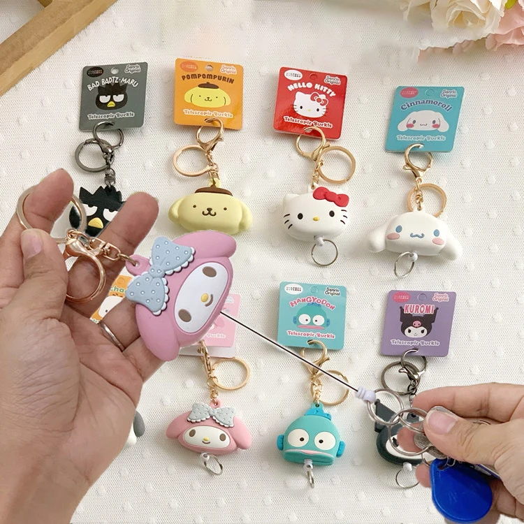 Sanrio Cinnamoroll kawaii Retractable Key Ring Kuromi Mymelody Cartoon Doll Toys  keychain pendant Silicone Easy-pull buckle