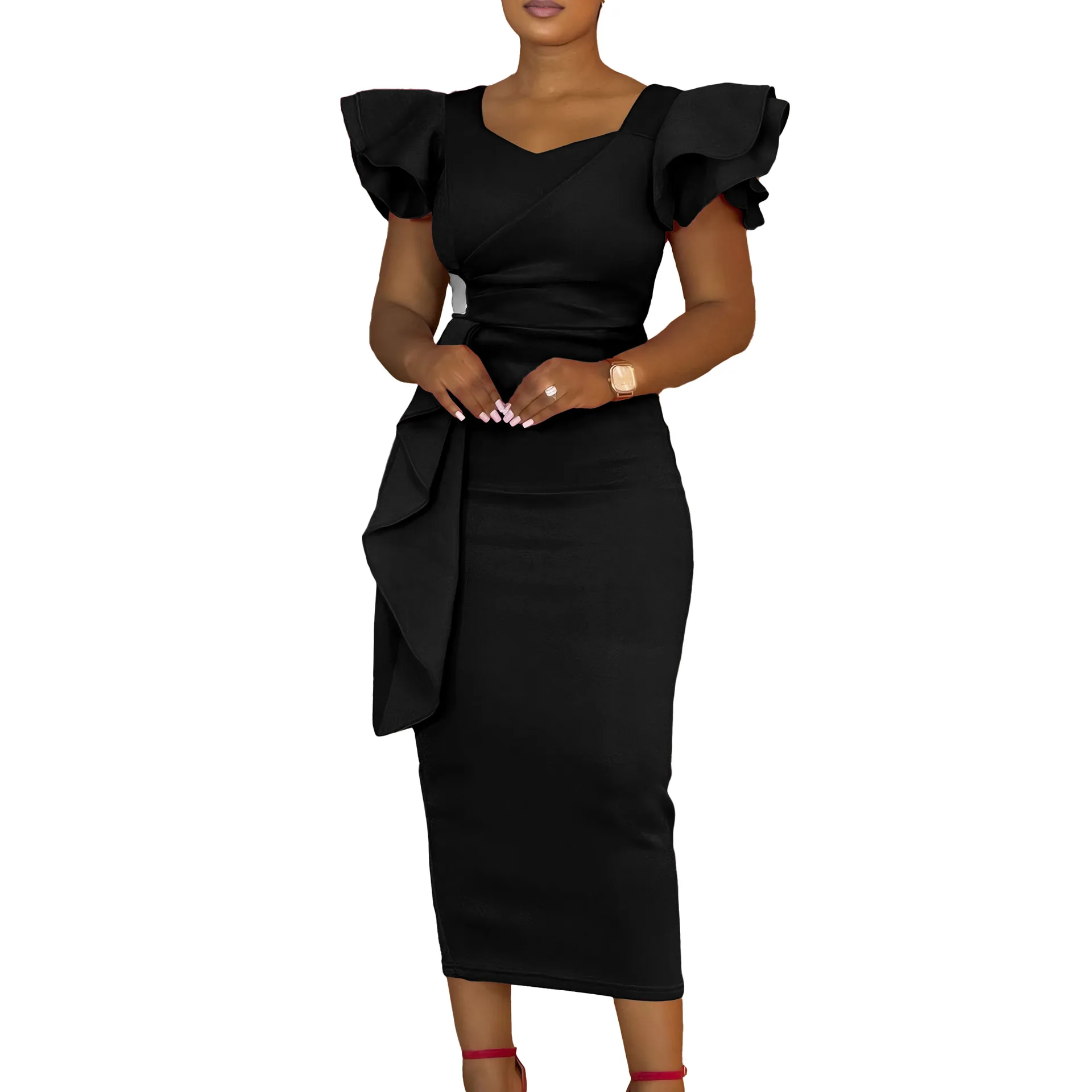 Elegant Ruffled Solid Color Bag Mid-Length Dress Spring  Fashion Hip Temperament New Arrivals