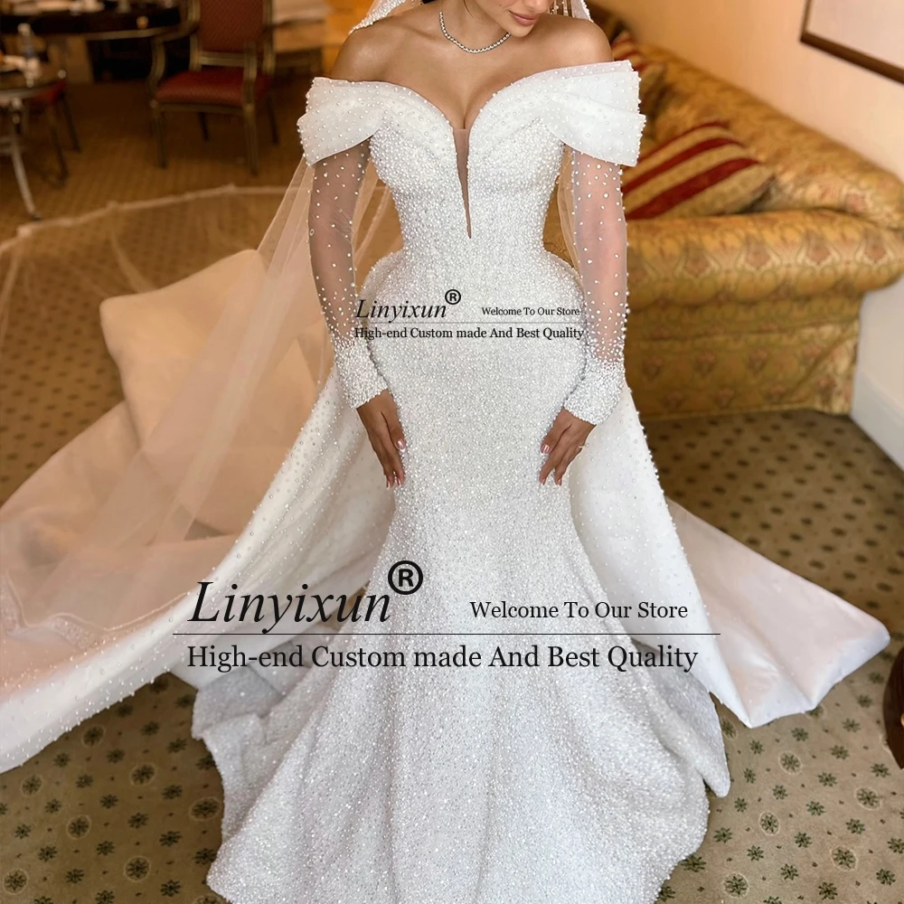 فساتين زفاف أنيقة مطرزة باللؤلؤ للعروس بدون أكتاف حورية البحر مع ذيل قابل للانفصال رداء رومانسي مخصص #2