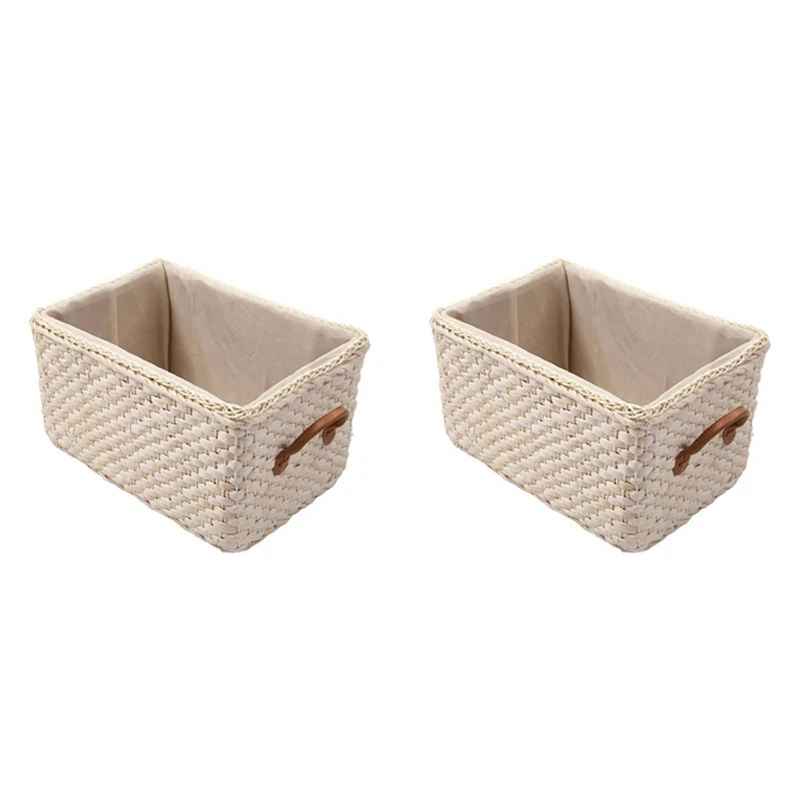 

2X Manual Woven Storage Basket Handmade Laundry Wicker Baskets Sundries Organizer Clothes Toys Container White