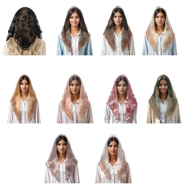 H58E Popular Lace Mantilla Head Scarf for Catholic Church Vintage Latin Mass Head Covering Scarf Flower Shawl Women Neckwear