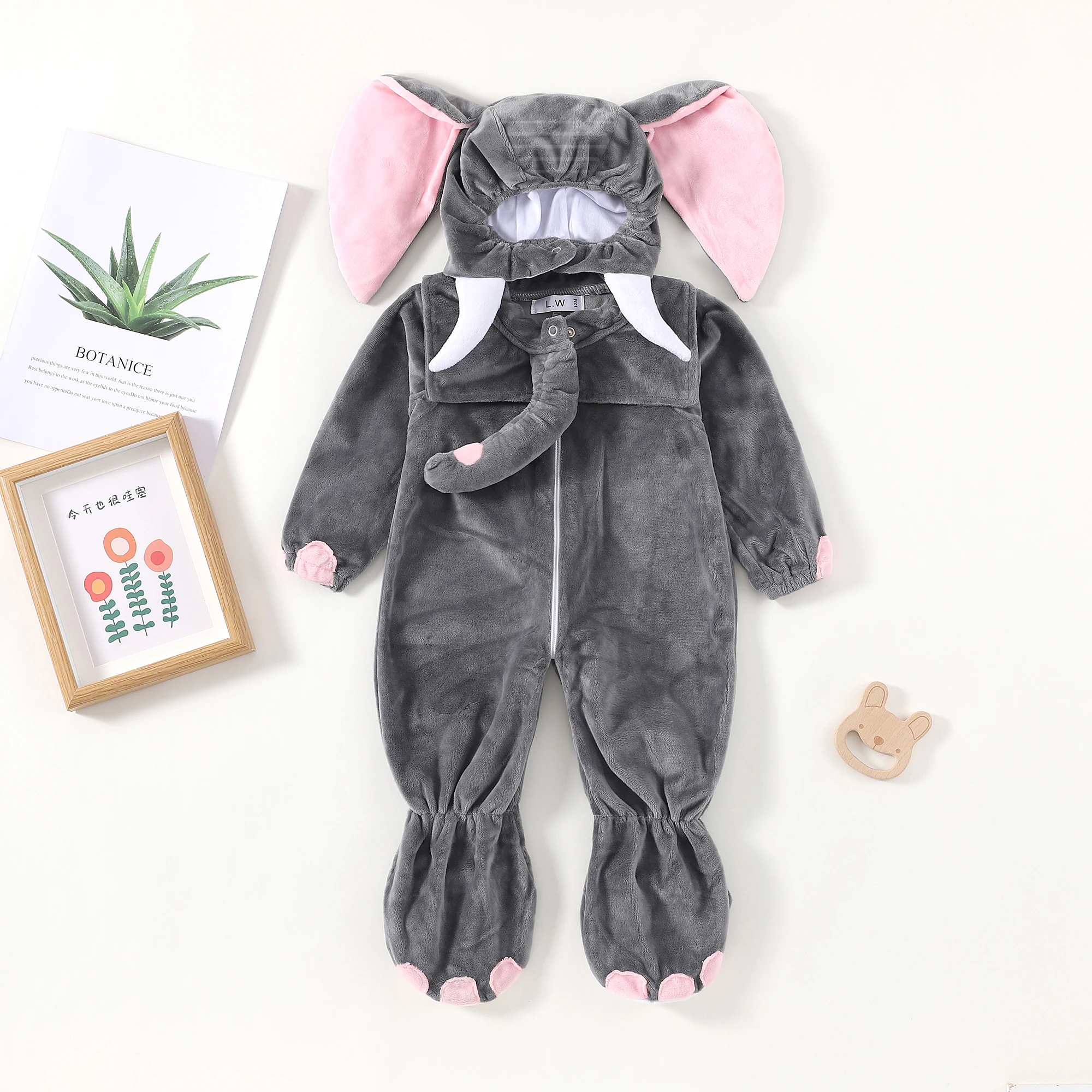 0-24M Infant Baby Elephant Costume Boys Girls Gray Romper Jumpsuit With Shoes Pink Lined Ear Hood 2pcs/set Umorden