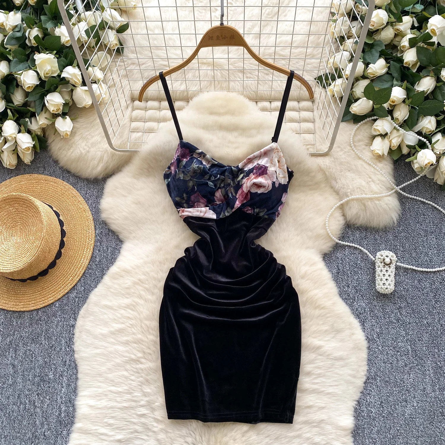 Schicker Vintage-Sexy-Veloursdruck, schlank, elegante Fee, koreanische Mode, Boho-Sommerkleid, Damenbekleidung