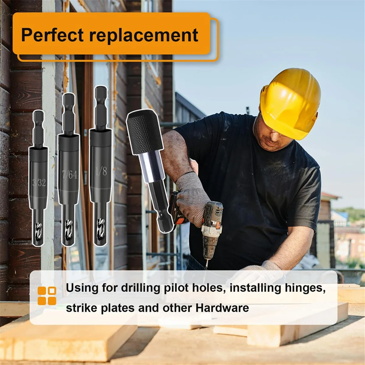 ビットホルダー付きセルフセンタリングドリルビット、センターファインディング、1/4インチビット六角シャンク、3インチ、32インチ、7/64インチ