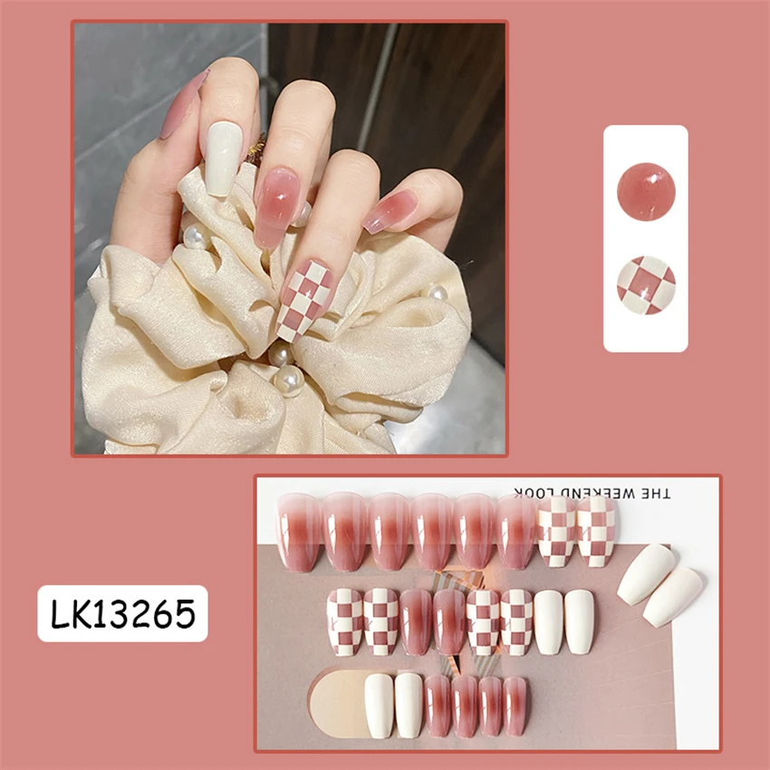 24Pcs/Set Long Ballet Wear False Nails Art Pink White Tessellated Press on Nails Girl Artificial Nail Supplies for Professionals
