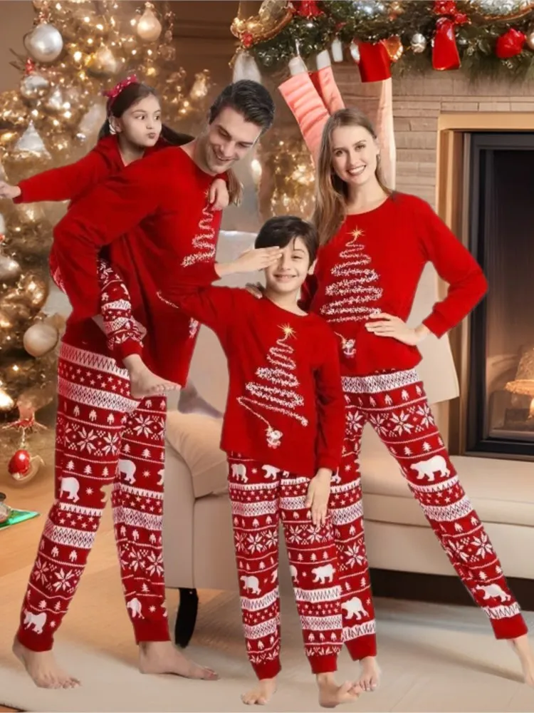 

Рождественские пижамные комплекты для родителей и детей, модные топы с длинными рукавами и круглым вырезом + брюки с принтом, комплект из 2 предметов, повседневная праздничная одежда, новинка осени