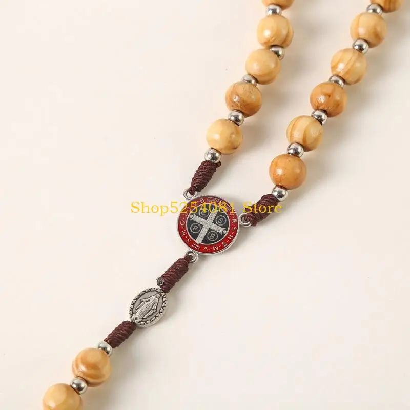 AXYC Wooden Rosary Necklace With Crosses Catholic Prayer Beads Chain For Women Men