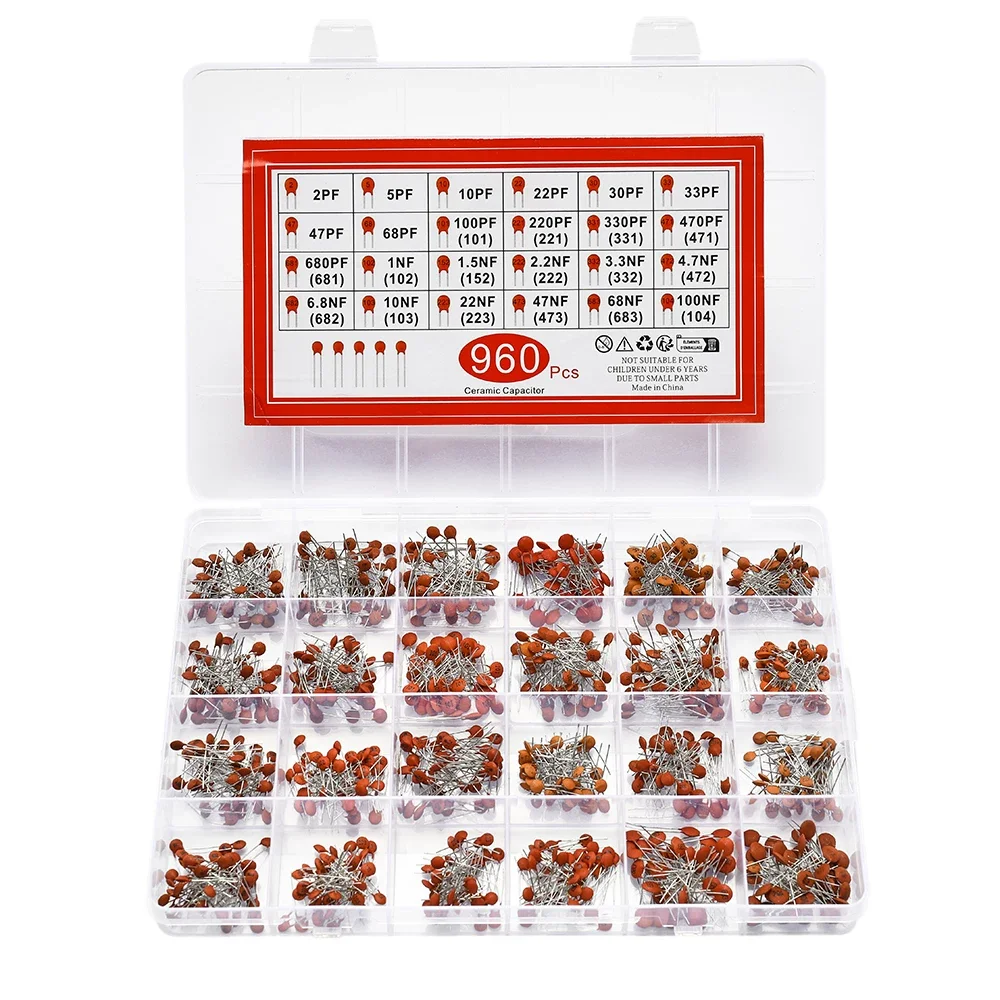 960PCS, 24 different values 2PF-100NF, 40 each, a total of 960 magnetic ceramic dielectric ceramic capacitor boxes