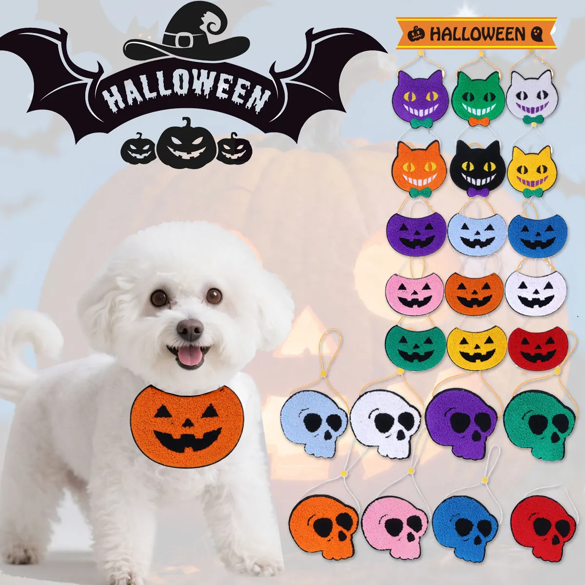 

1 Pet Halloween Scarf Cats & Dogs Funny Skull Pumpkin Cat Face Easter Bib Decorative Items For Parties