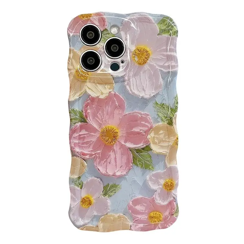 Phone Case Colorful Retro Oil Painting Flower Protective Phone Case Cute Curly Wave Frame TPU Full Covered for Cell Phones