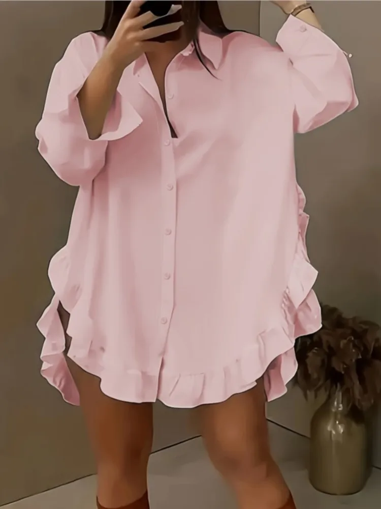 Gaun pesta Mini wanita, baju kasual lengan panjang dengan kerah Falbala, gaun Mini warna Solid untuk pesta Prom, blus kasual Vintage