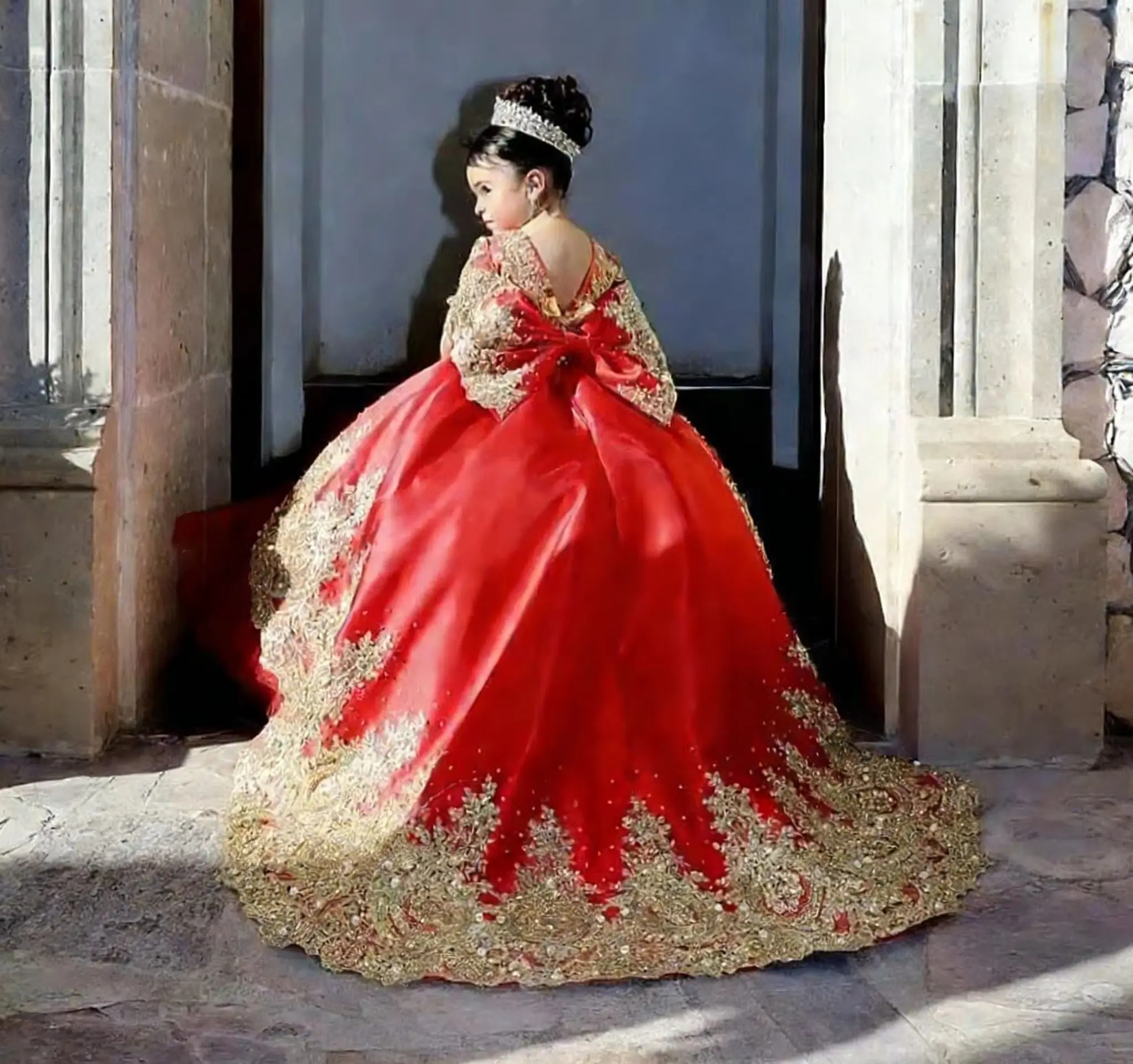 Customized Red Flower Girl Dress For Wedding Golden Beaded Applique Bow Kids Birthday Party First Communion Ball Gowns