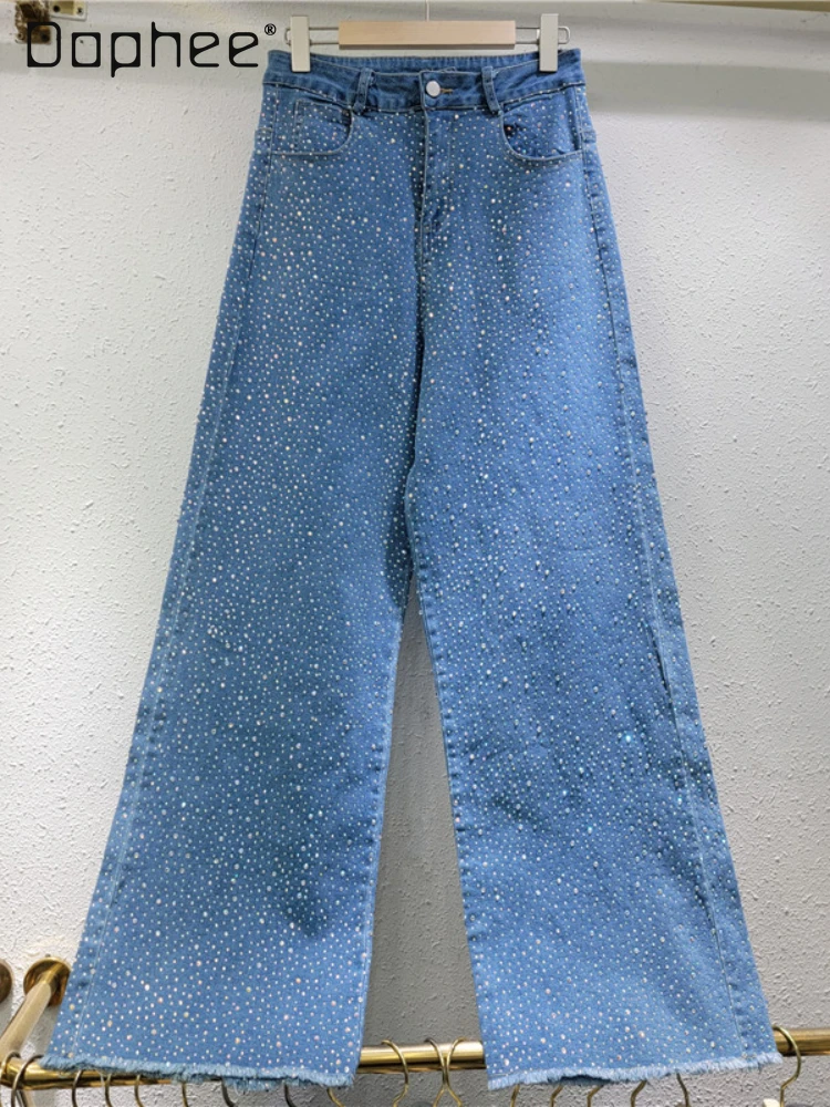 

Hot Diamond Narrow Edition Wide Leg Elastic Jeans 2025 New High Waist Design Flash Diamond Straight Jeans Blue Jeans for Women