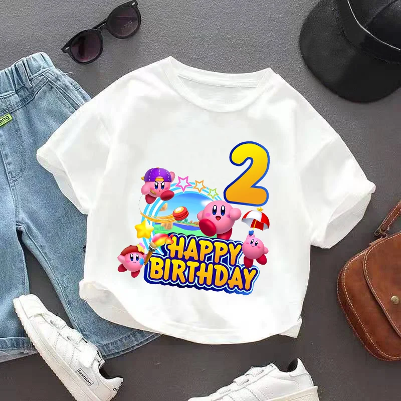Kirbys, Camiseta de algodón para bebé, Top de verano para niños, ropa bonita de juego, camiseta con número de cumpleaños para niño y niña, ropa de Anime, Top con letras de dibujos animados, regalo