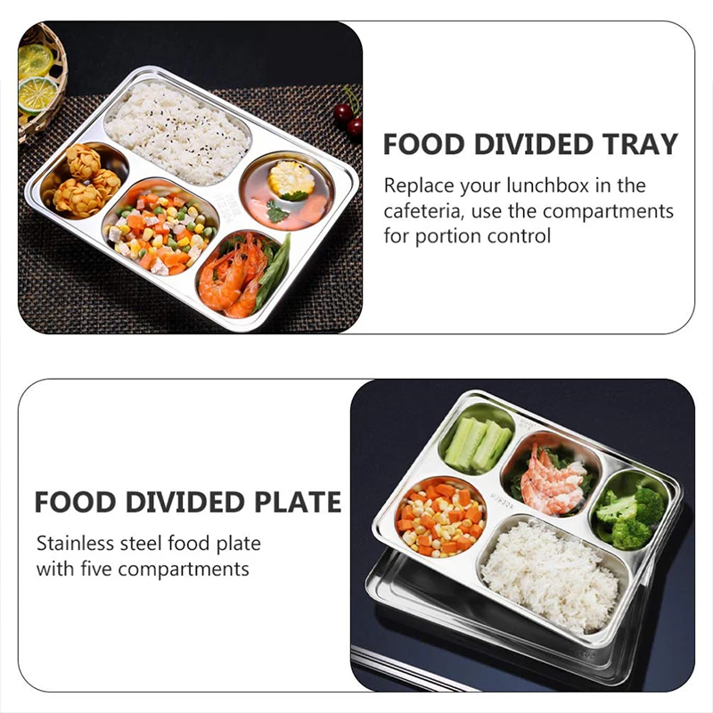 1 Piece Stainless Steel Partitioned Dinner Plate  Lunch And Dinner Tray With 5 Compartments Student Lunch Box Returant Plates