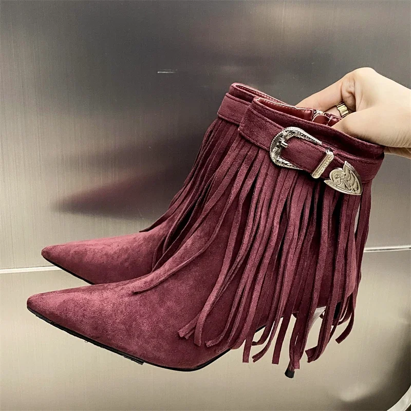 Eilyken Street Style Tassels Belt Buckle Women Ankle Boots Sexy Thin Heels Zipper Pointed Toe Wedding Banquet Shoes