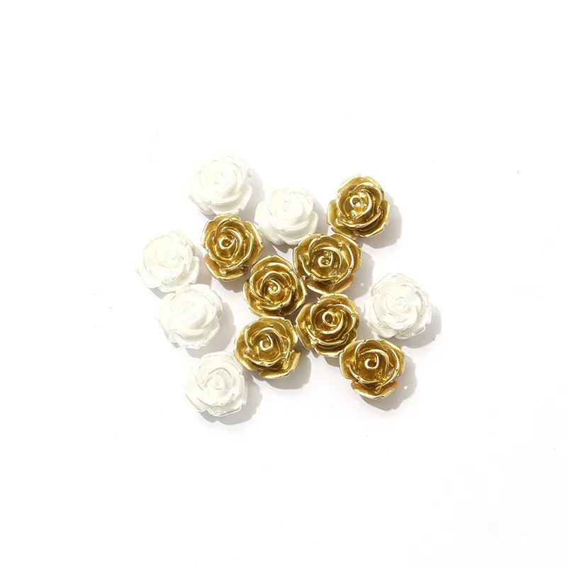 30 pz 11mm Sparkle Shiny Gold Pearl Resin Rose Flower Flatbacks artigianato fai da te abbellimento Cabochon per Scrapbooking Cardmaking