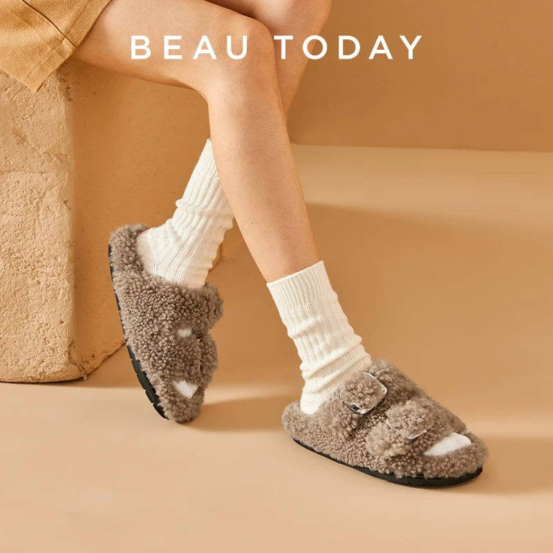 BEAUTODAY Furry Slippers Women Genuine Sheep Wool Sandals Solid Color Metal Buckle Round Toe Autumn Ladies Shoes Handmade 37034