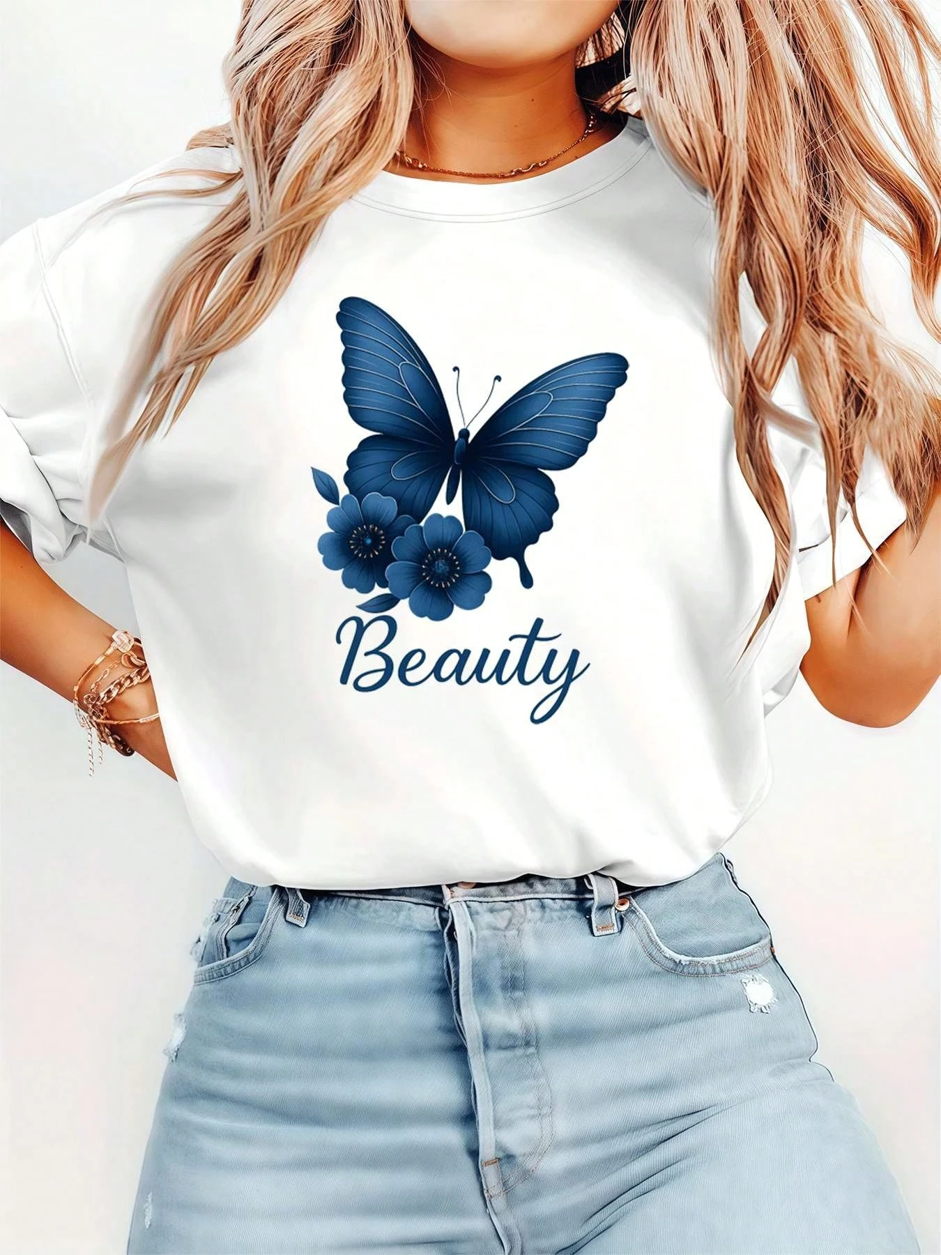 Koszulka damska z nadrukiem motyli i kwiatów, dwustronny nadruk, modny T-shirt z okrągłym dekoltem, uniwersalny krótki rękaw, lato 2026, styl Y2k.