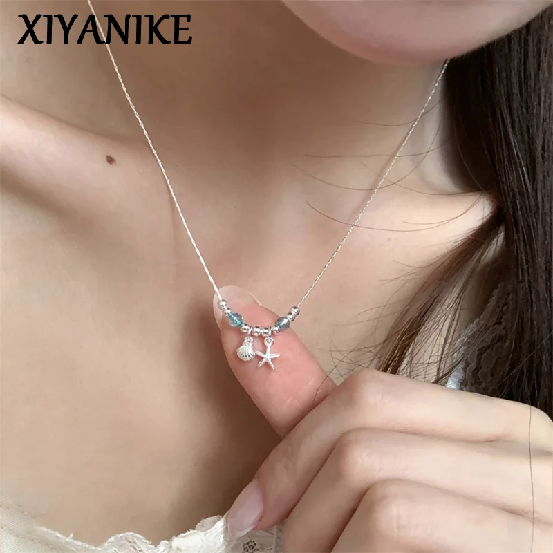 

XIYANIKE Korean Shell Starfish Blue Crystal Necklaces For Women Lady Fashion Clavicle Chain Jewelry Gift Party Holiday