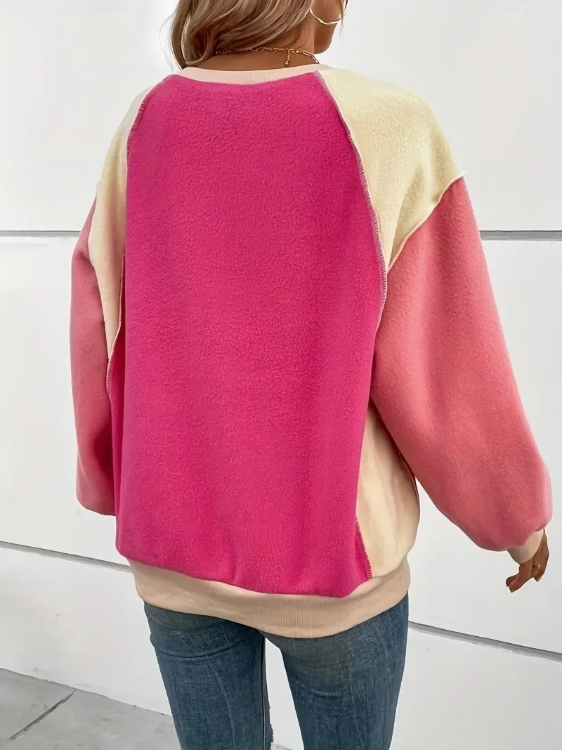 Plus Size Casual Top Women\'s Plus Colorblock Stitching Fleece Long Sleeve Round Neck Slight Stretch Loose Fit Top