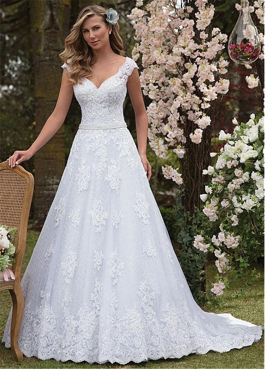 Elegant A-line Wedding Dress 2026 V-Neck Cap Sleeves Pearls Sash Lace Applique Tulle Bride Bridal Gowns Vestiods De Noiva