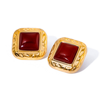 Uwolrd Exquisite Square Pounding Pattern Red Agate Earrings 18k Gold Plated Waterproof Trendy High Quality Daily Jewelry Bijoux