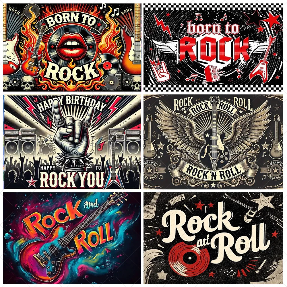 

Rock Roll Music Theme Backdrop Supplies Music Festival Retro Party Decoration Born To Rock Guitar Background Photography Props