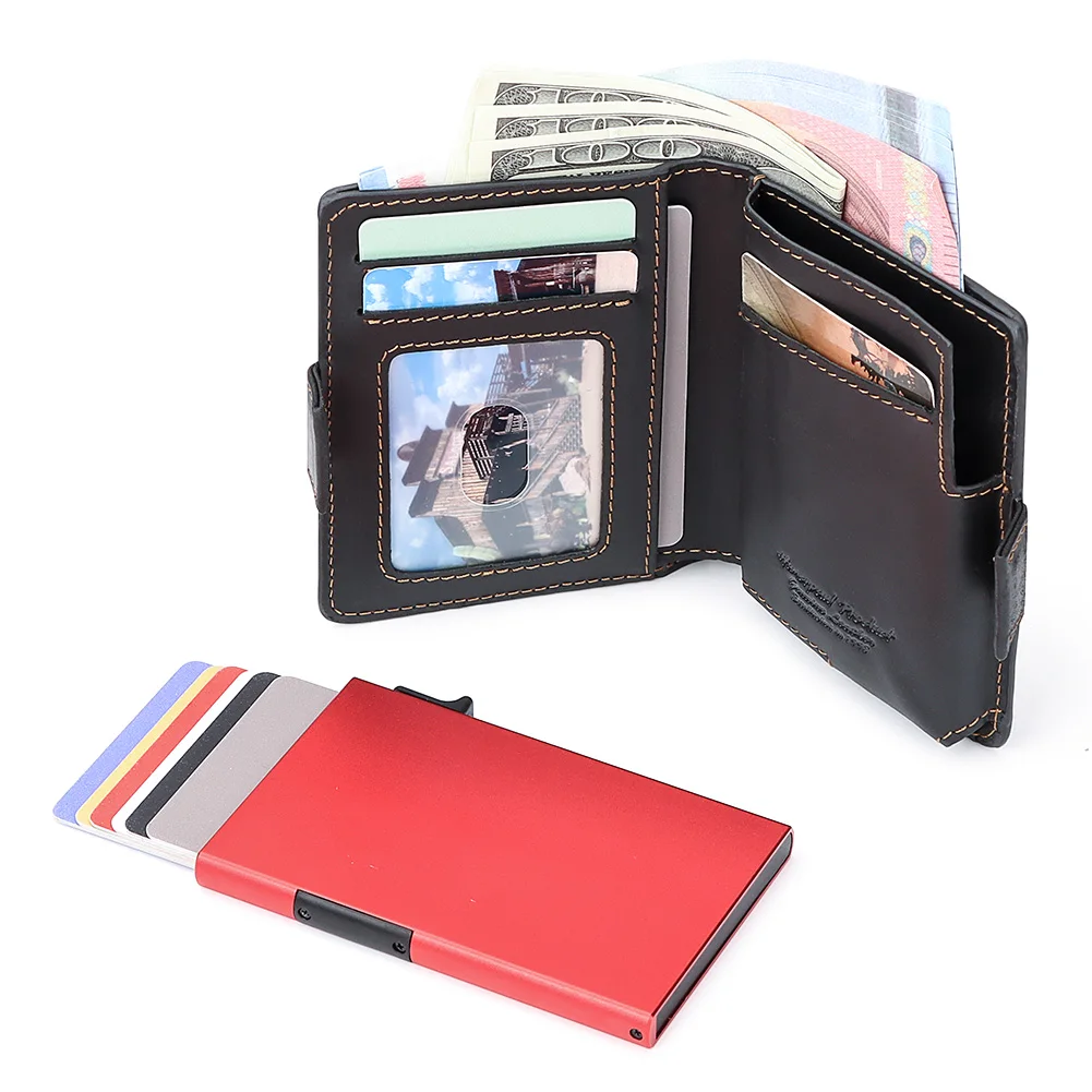 RFID Protection Credit Card Holder for Men Crazy Horse Leather Wallet with Iron Chain Small Zipper Coin Pocket Mini Biker Purse