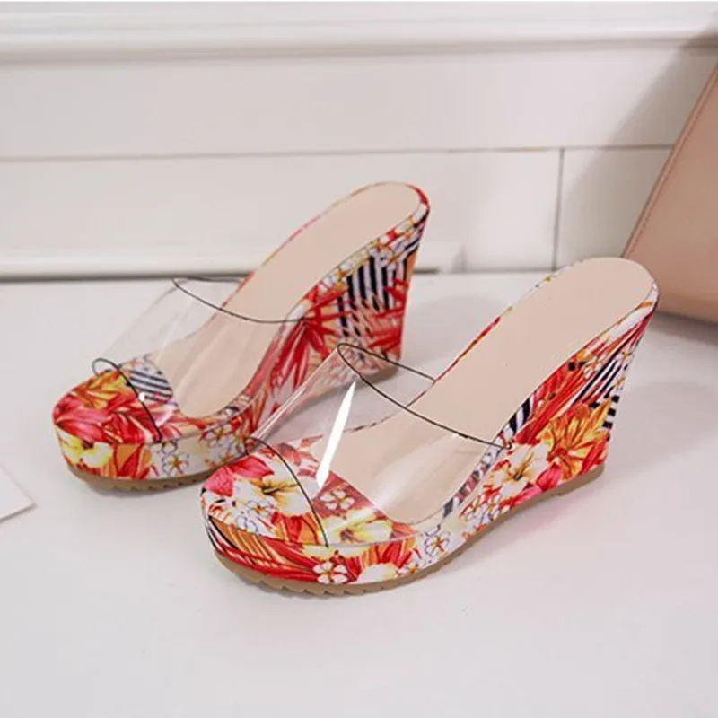 Women Wedges Slippers High Heels Platform Casual Ladies Slides Summer Retro Transparent Floral Thick-Sole Slippers Ethnic Style