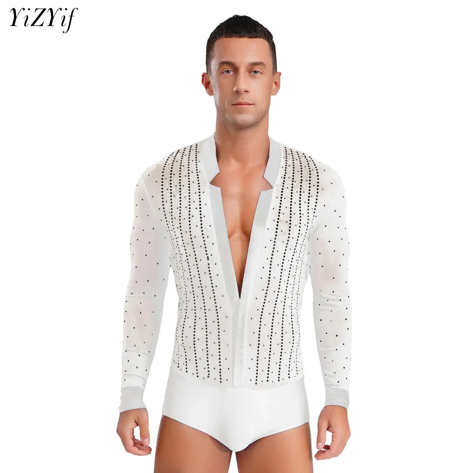 

Men Deep V Neck Latin Dance Leotard Sheer Mesh Long Sleeve Rhinestones Bodysuit Ballroom Tango Samba Cha-Cha Gymnastic Dancewear