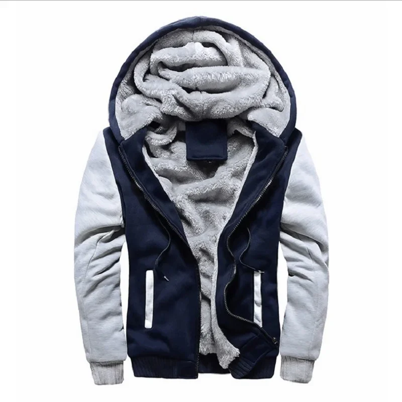 Autumn Winter Mens Fleece Lined Thicken Hooded Sweatshirt 5XL Patchwork Cardigan Men Zip Up Hoodies Casual Warm Lambswool Jacket