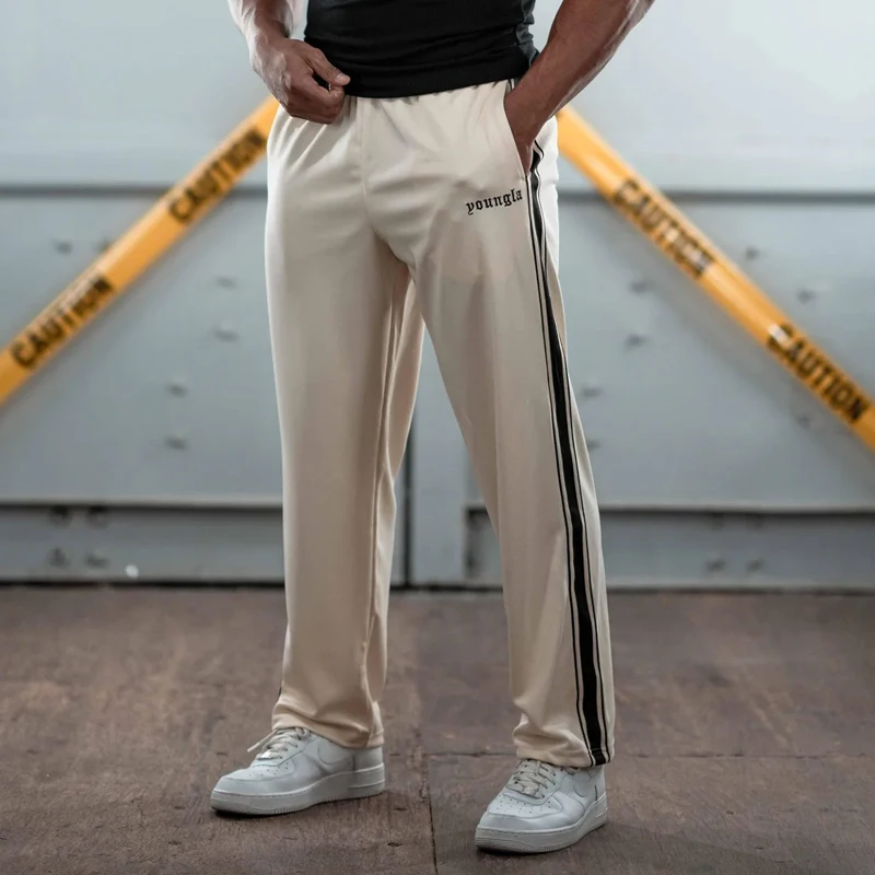 Men's American sports pants, striped, stitched, embroidered, casual, jogging, sports, fitness, straight leg