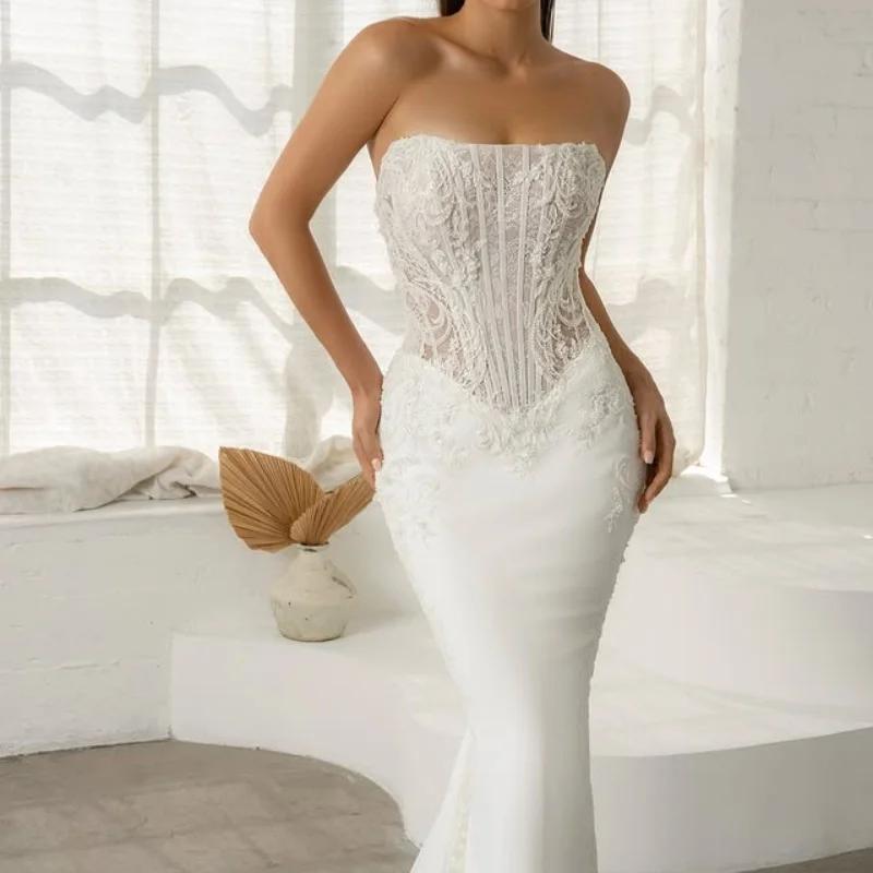 

Lace ivory white Appliques Wedding Dresses off-shoulder mermaid skirt decal Long tail Bridal Gowns Made Customized