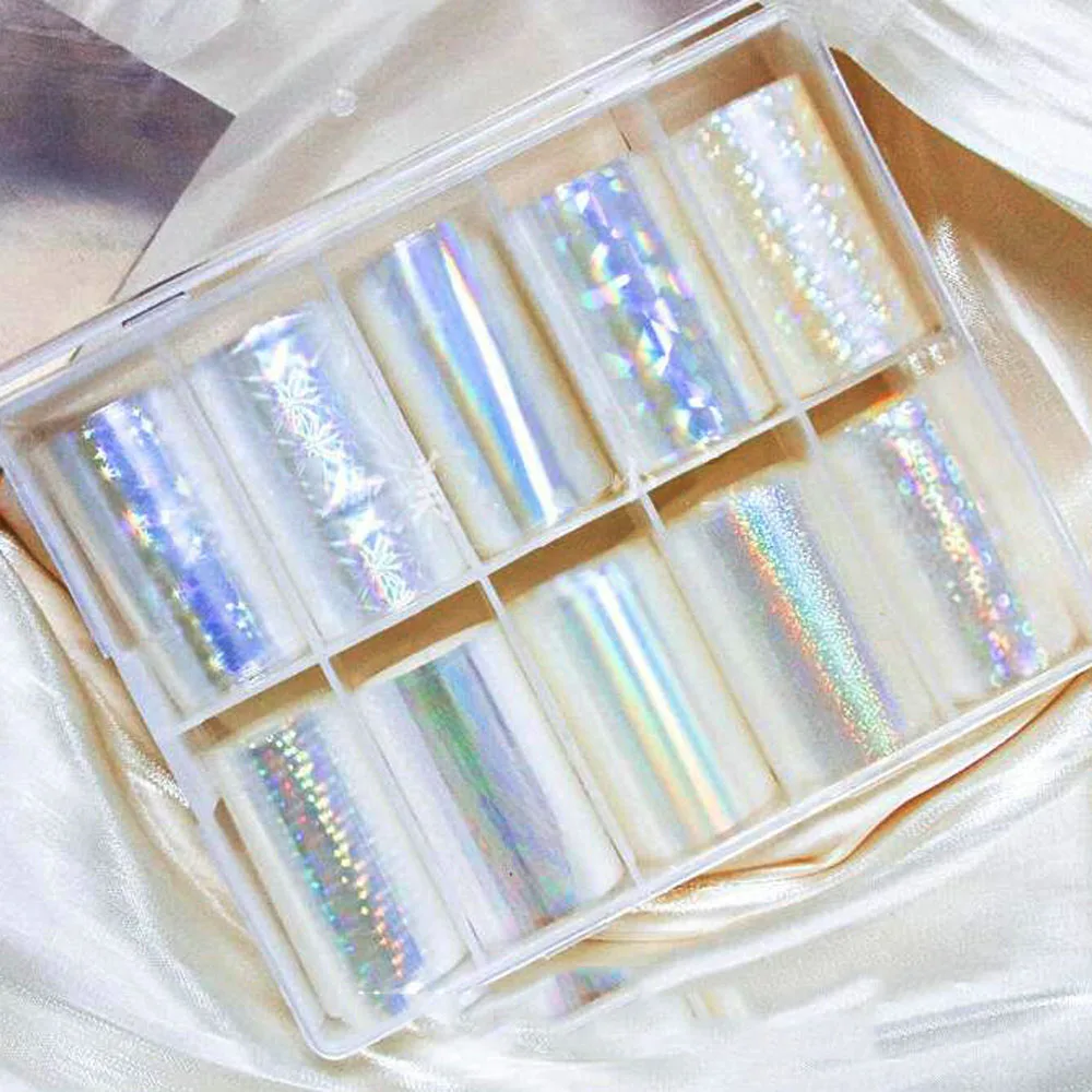 10 Rolls/doos Clear Laser Aurora Nail Transfer Folie Holografische Sterrenhemel Transfer Papier Nagelfolie Stickers Spiegel Nail sticker