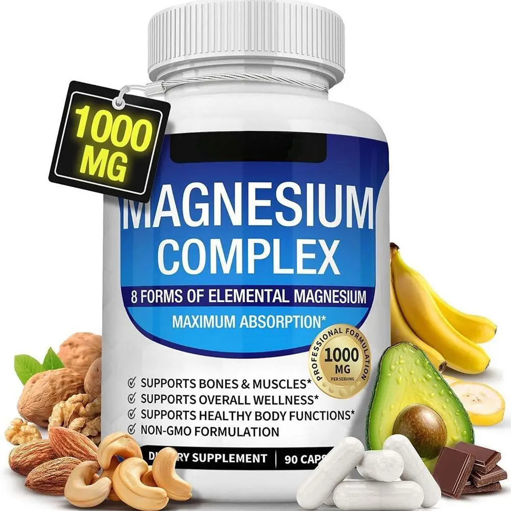 Suplemento de magnesio complejo de 1000MG, 90 cápsulas, apoya las funciones saludables del cuerpo, suplemento dietético para la salud del hueso muscular