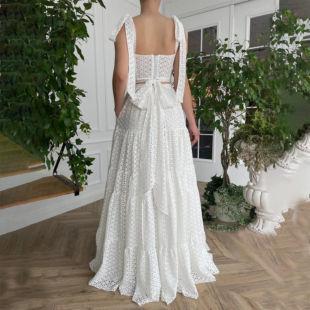 Two Pieces Cutout A Line Bridal Gown with Pockets Maxi Self-Tie Bow Customized Tiered Lace Bustier Chest Wedding Separate Dress