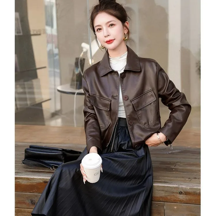 Faionable ort Leather Jaet dames 2025, herfst nieuwe Sle losse afslankende biker casual chique bovenkleding leren jas