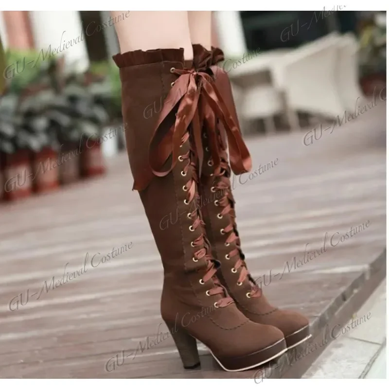 Lady Boots Rock Shoes Woman Sexy Thigh High Heels High Sexy Lace Up Medieval Gothic Steampunk Retro Style Cosplay Knight Boots