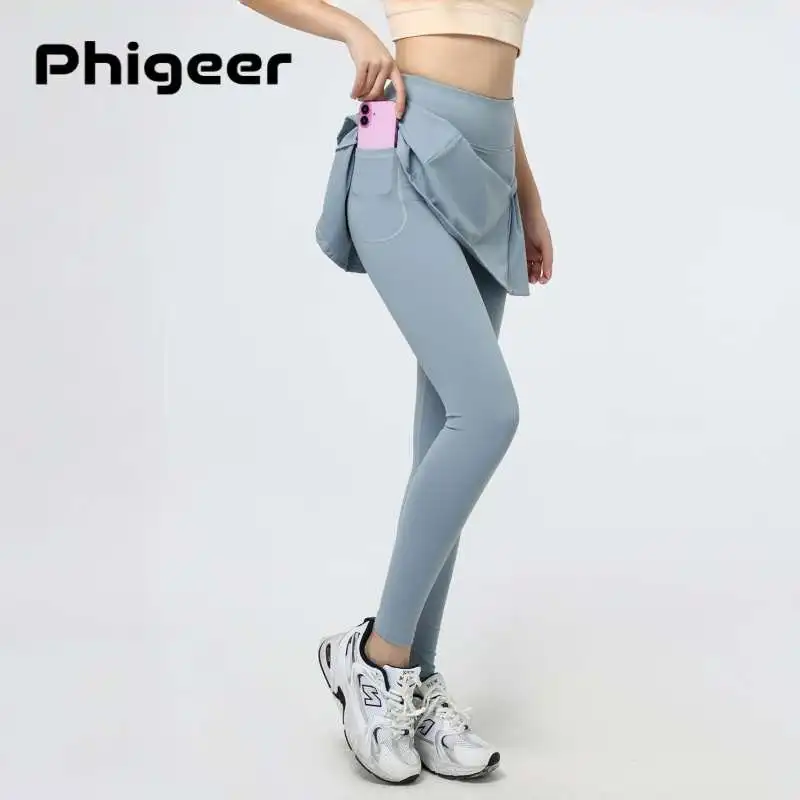 

PHIGEER 2 in 1 High Waist Yoga Leggings with Skirt for Women, with Pocket Athletic Tennis Dance Pants, Women's Sport Streetwear