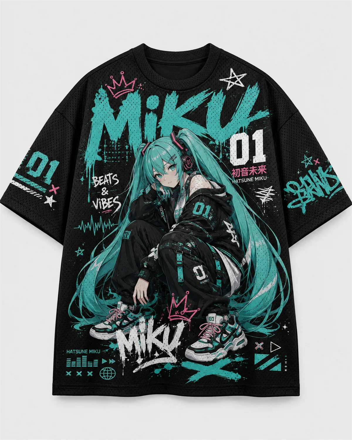 Schwarzes Mesh-T-Shirt für Jugendliche im Vintage-Graffiti-Stil mit Hatsune Miku-Grafikdruck, bequemes Kurzarmshirt für Anime-Fans, Alltagsoutfit.