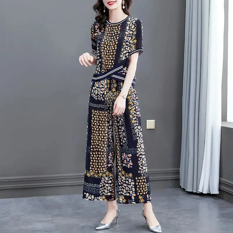 2024 Summer Women Korean High End Fashion Set Mom New Loose Printed Meat Covering and Age Reducing Wide Leg Pants Two Piece Set