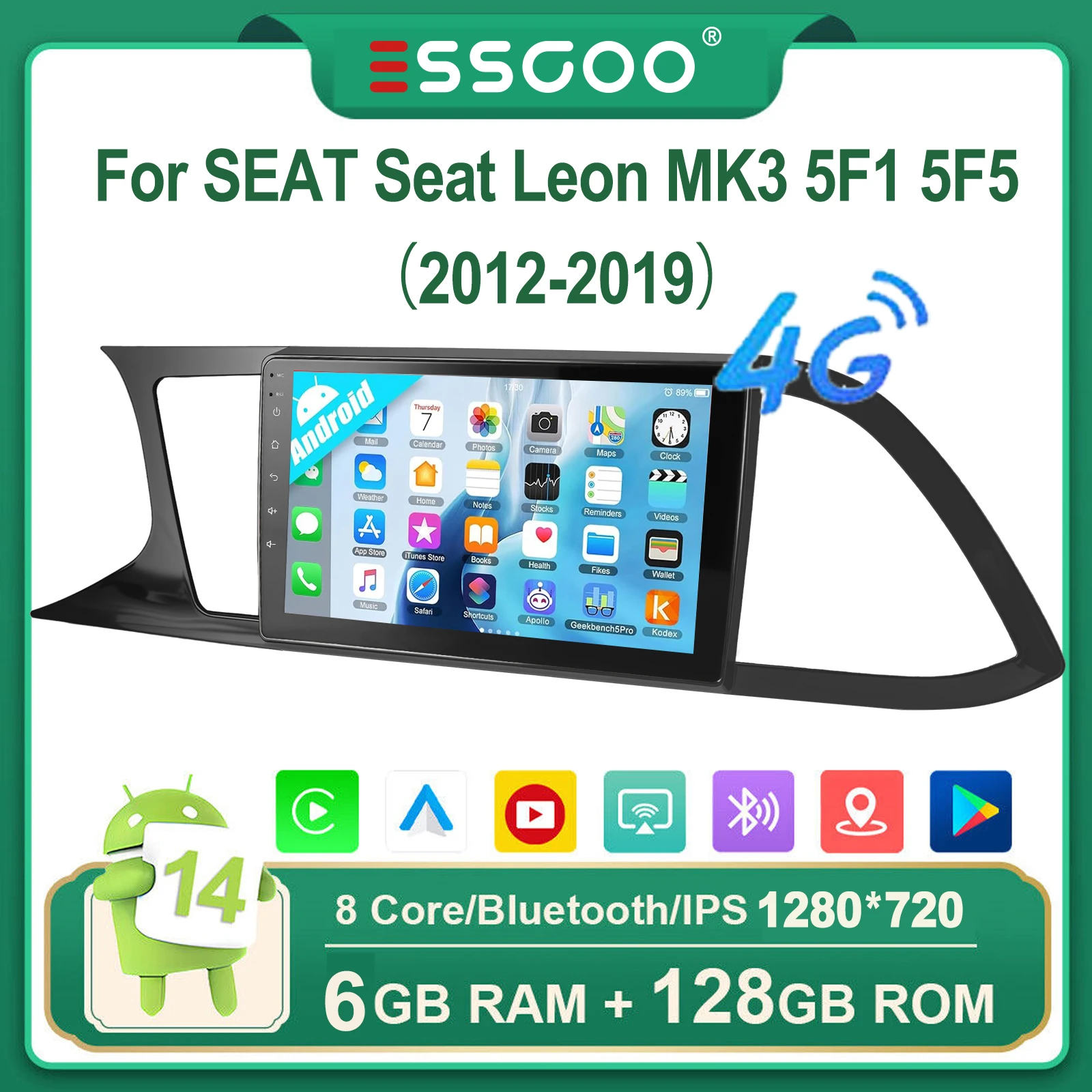 ESSGOO 6+128G 8-KERN Wireless Apple Carplay Android Auto Für SEAT Leon MK3 5F1 5F5 2012-2019 Android 15 9 Zoll QLED Touchscreen Autoradio GPS Navigation 4G WIFI SWC RDS Spiegel Link FM/AM