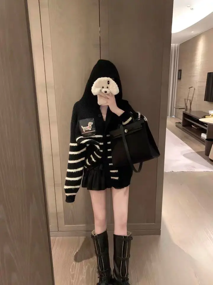 

Loose Knitted Casual Striped Open Cardigan Women's Autumn Faion New Sle All-Match Long Sve Hooded Sweater Jaet