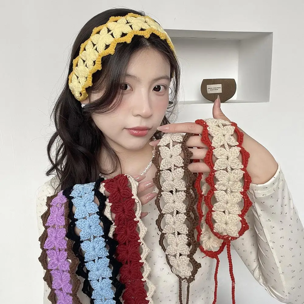

Woolen Knitted Headband Hand-woven Hair Accessories Floral Crochet Hair Bandana Headscarf Outing Ins DIY Hollow Out Hair Scarf