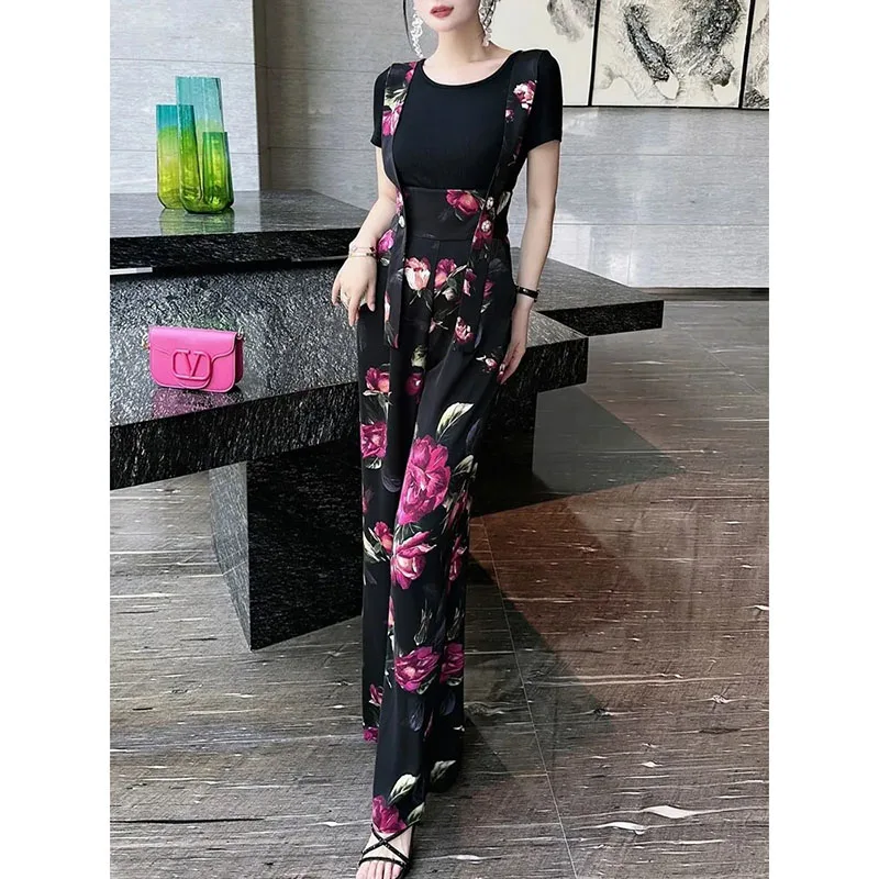 

Design Sense Suspenders Spring And summer temperament rose simple printing straight casual high waist one-piece wide-leg pants