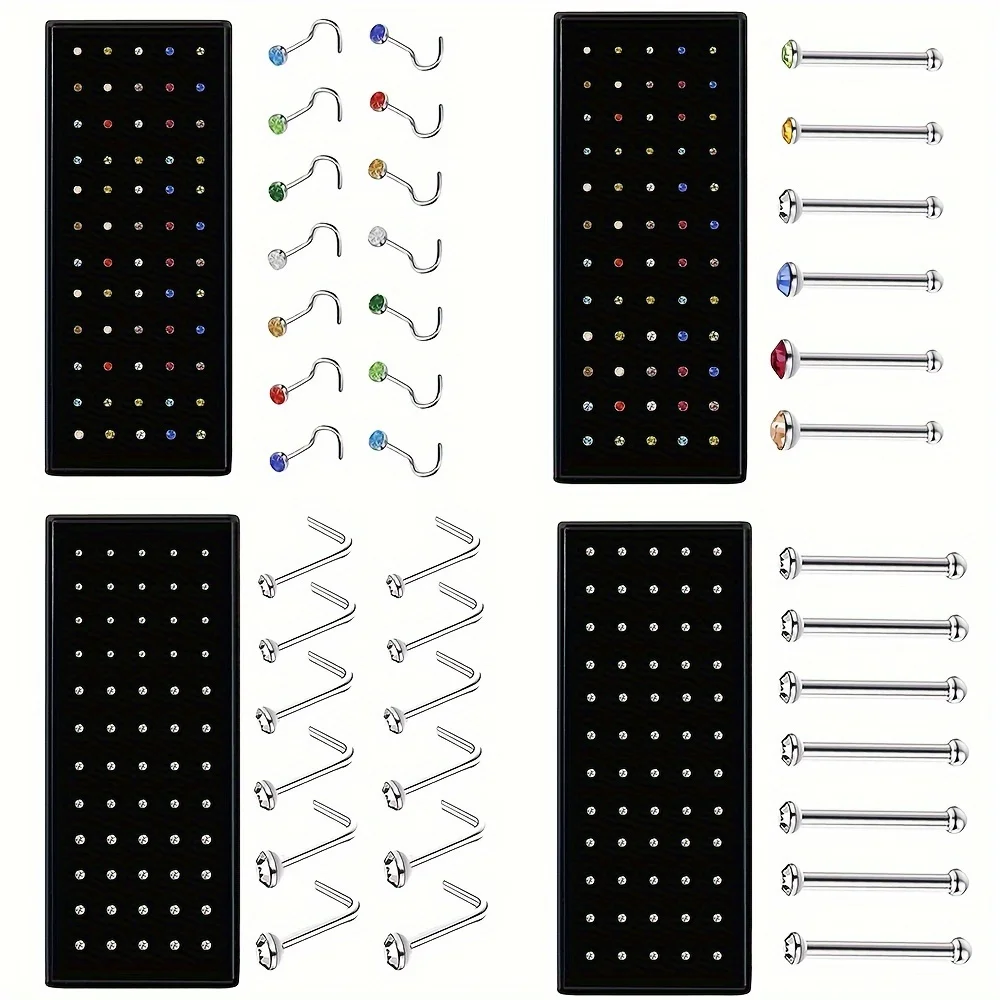 60pcs Straight Straight/L-Shaped Nose Stud Rings Kit Stud Earrings Stainless Steel CZ Nostril Piercing Stud Pin Set Body Jewel